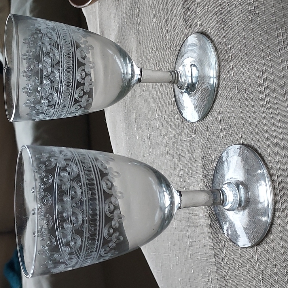 Crystal wine glasses etched scroll art deco art nouveau mcm retro - Picture 13 of 14